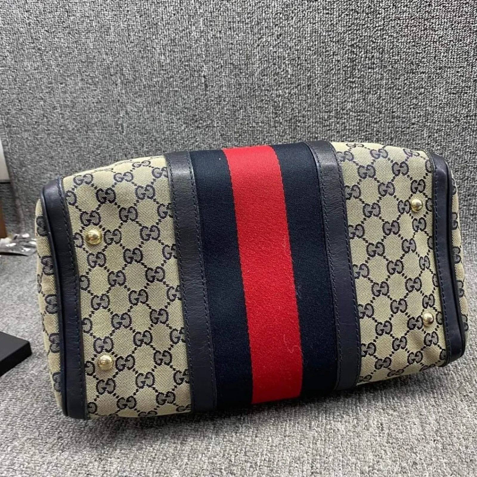 100% Authentic GUCCI Boston Navy GG Cloth Satchel Bag