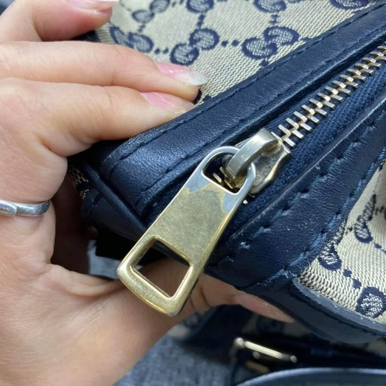 100% Authentic GUCCI Boston Navy GG Cloth Satchel Bag
