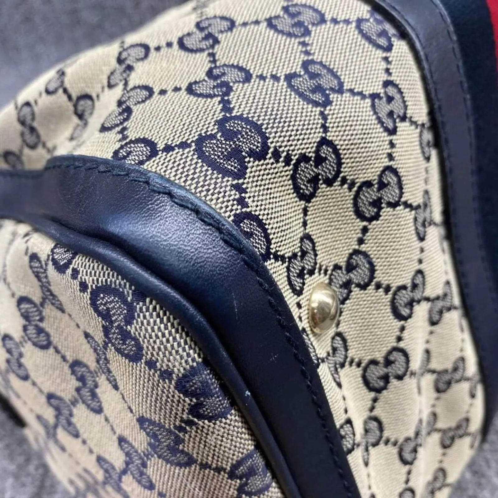 100% Authentic GUCCI Boston Navy GG Cloth Satchel Bag
