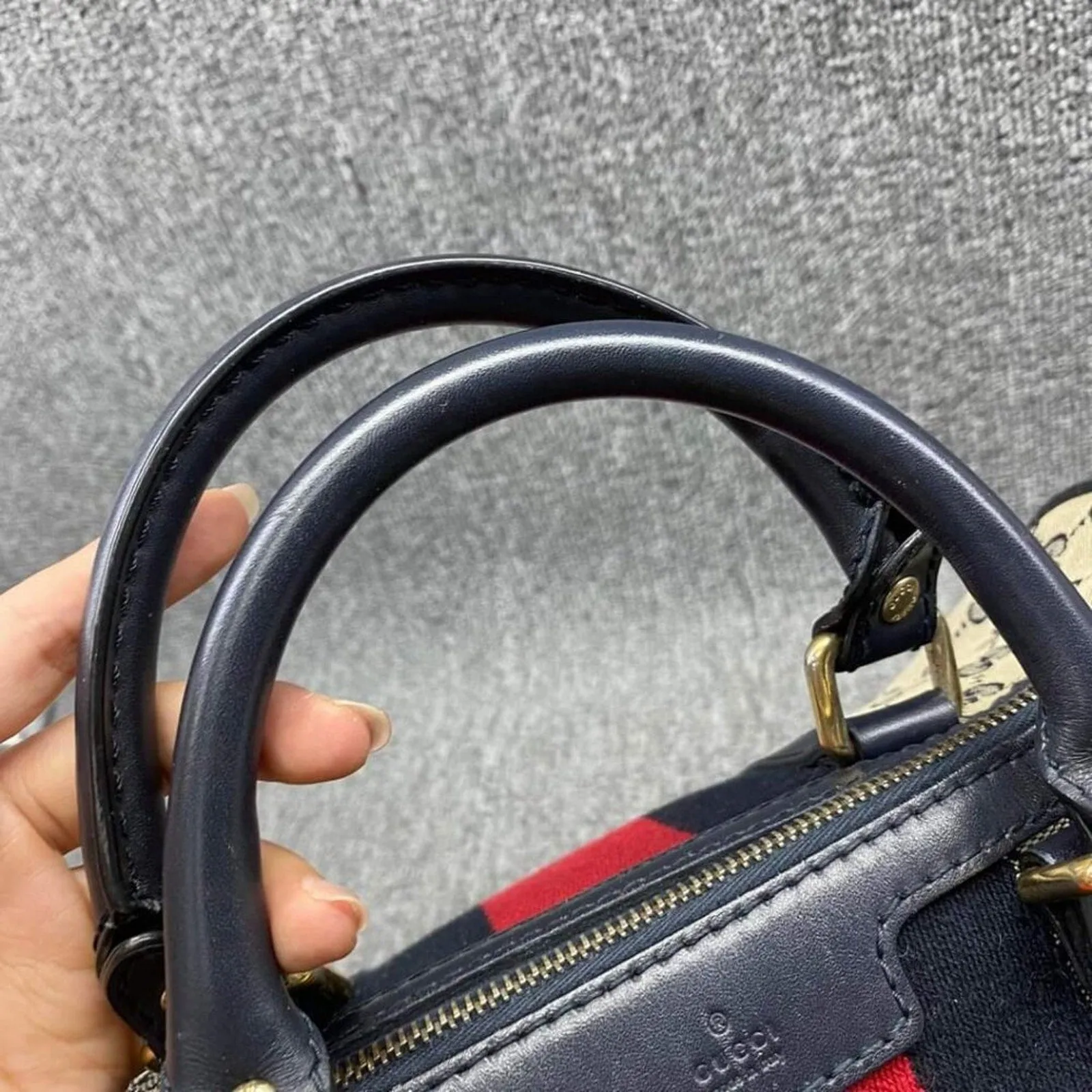 100% Authentic GUCCI Boston Navy GG Cloth Satchel Bag