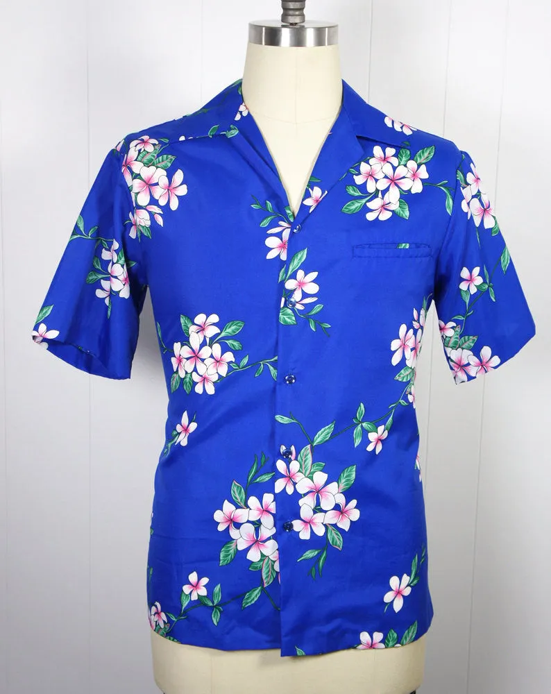 1970's Blue Hawaiian Shirt w/ Floral Print - Size L