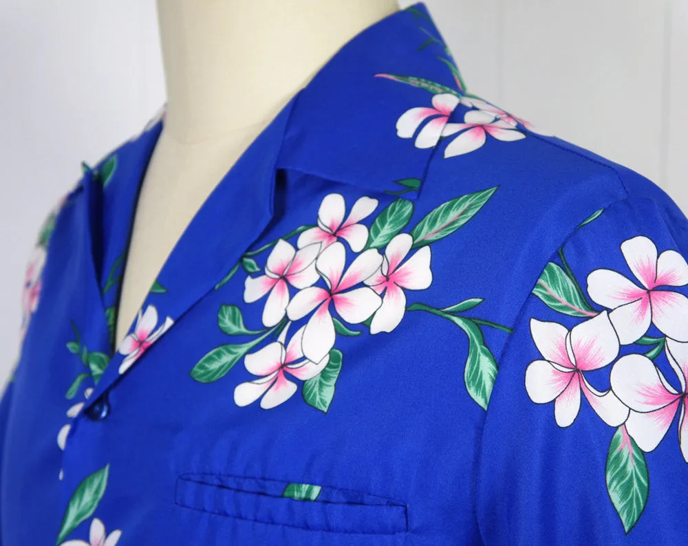 1970's Blue Hawaiian Shirt w/ Floral Print - Size L