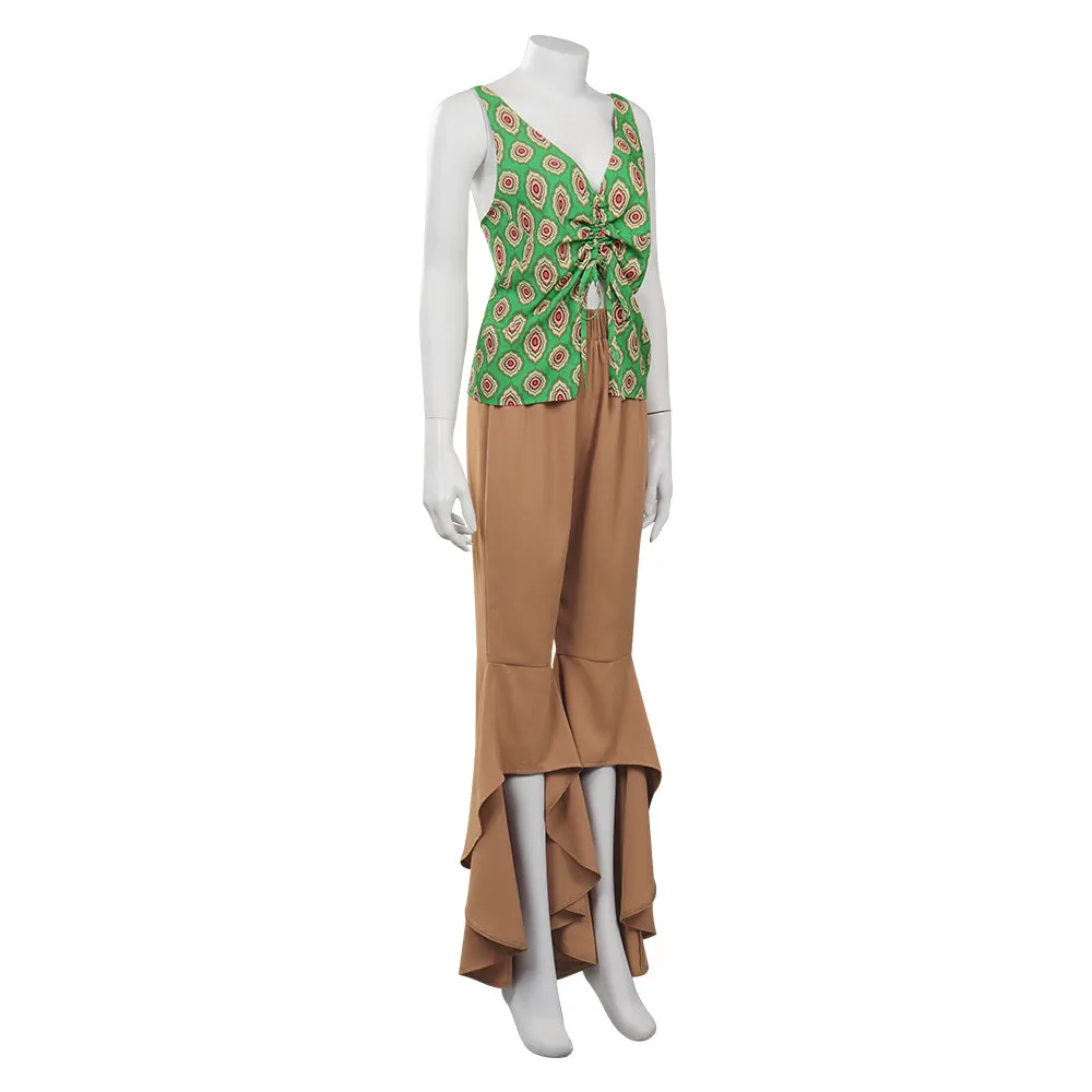 1970s Retro Vintage Hippie Drawstring Lace Up Ruffle Shirt Pants Outfits Halloween Carnival Suit