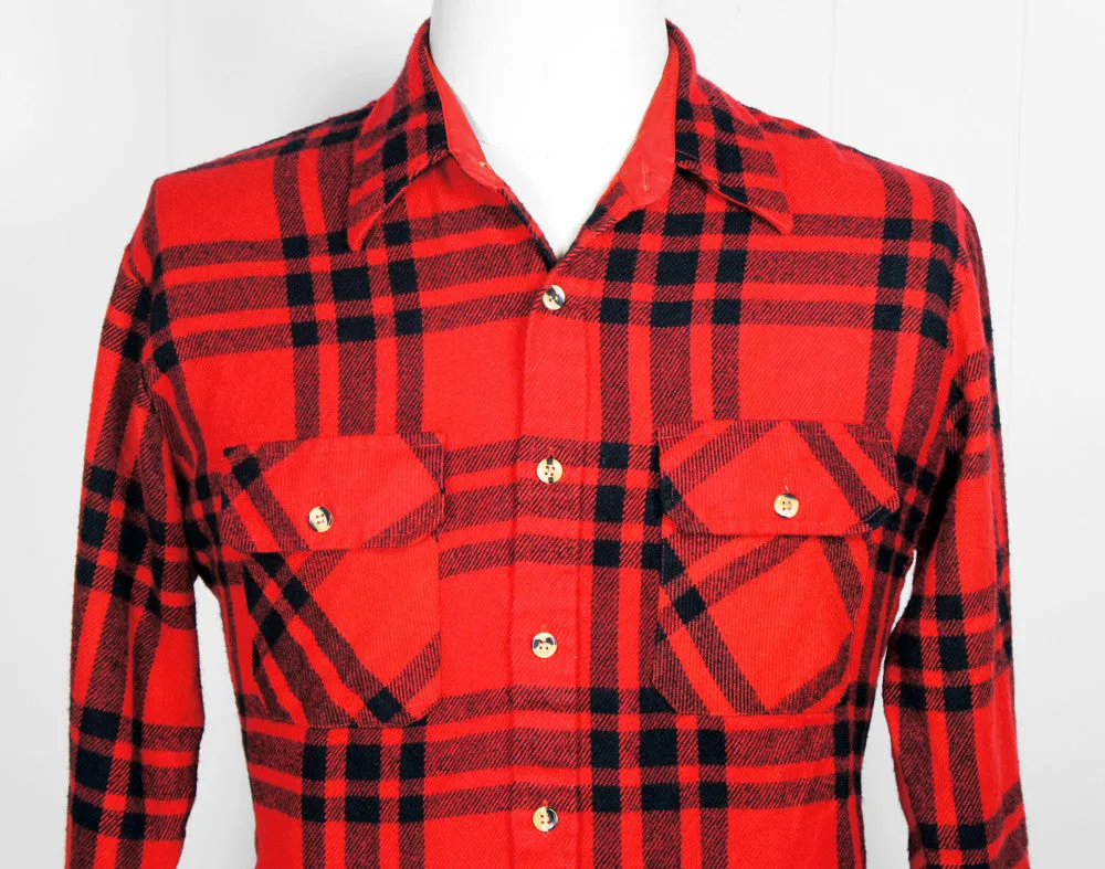 1980's Red & Black Striped Plaid Flannel Shirt - Size L