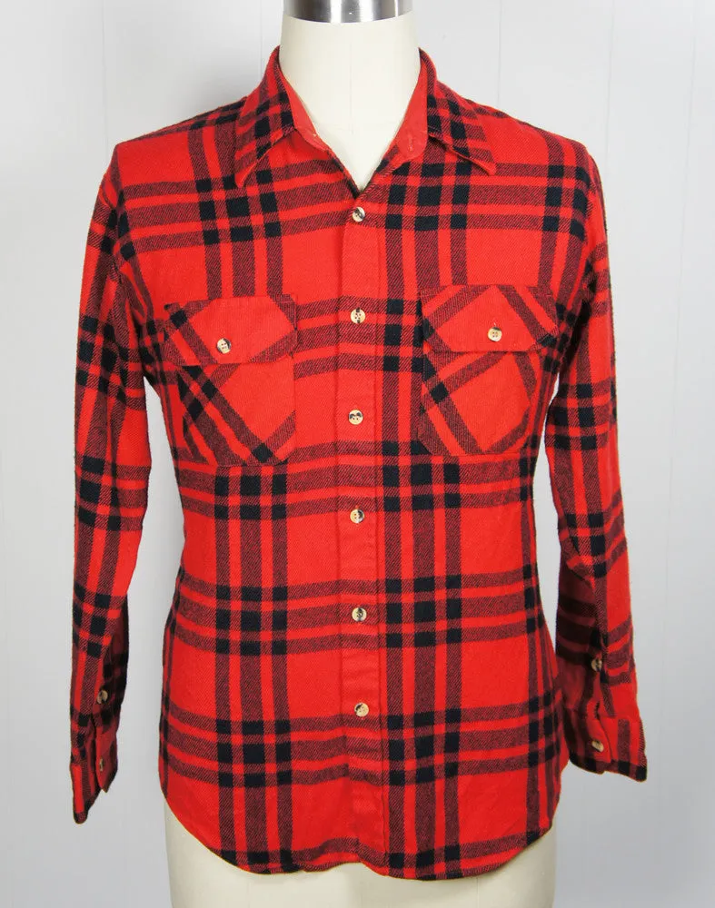 1980's Red & Black Striped Plaid Flannel Shirt - Size L