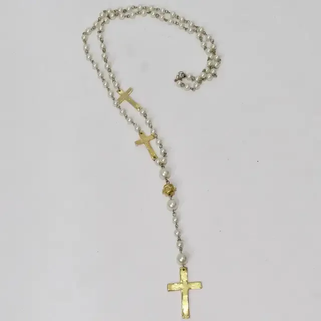 1990s 18K Gold Plated Faux Pearl Rosary Necklace