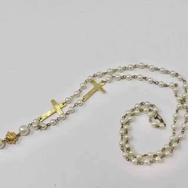 1990s 18K Gold Plated Faux Pearl Rosary Necklace