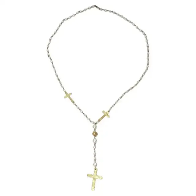1990s 18K Gold Plated Faux Pearl Rosary Necklace