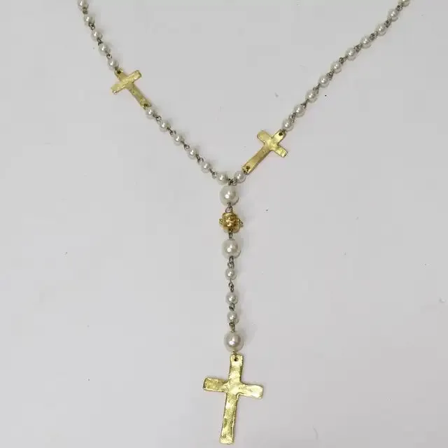 1990s 18K Gold Plated Faux Pearl Rosary Necklace