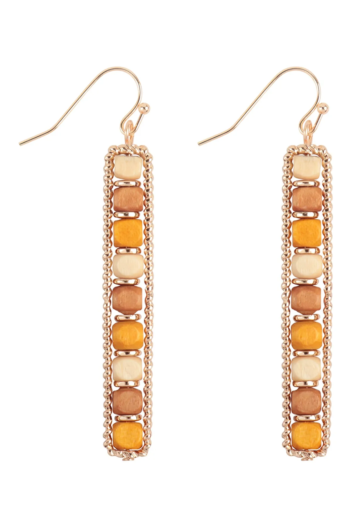 2.1" WOOD BAR SHAPED MIXED BEAD FISH HOOK EARRINGS