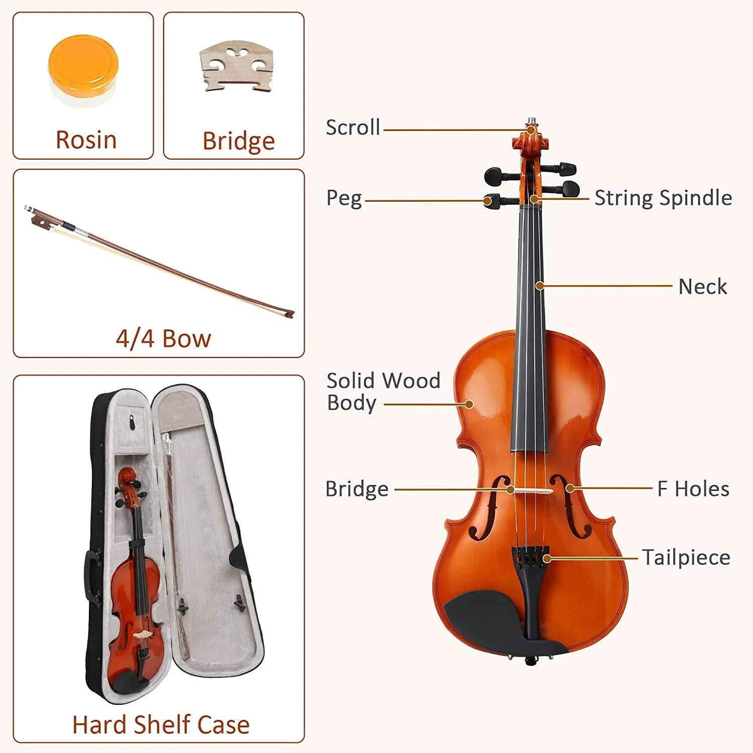 4/4 Full Size Violin Set Kids Premium Handcraft Violin with Case for Age 11 