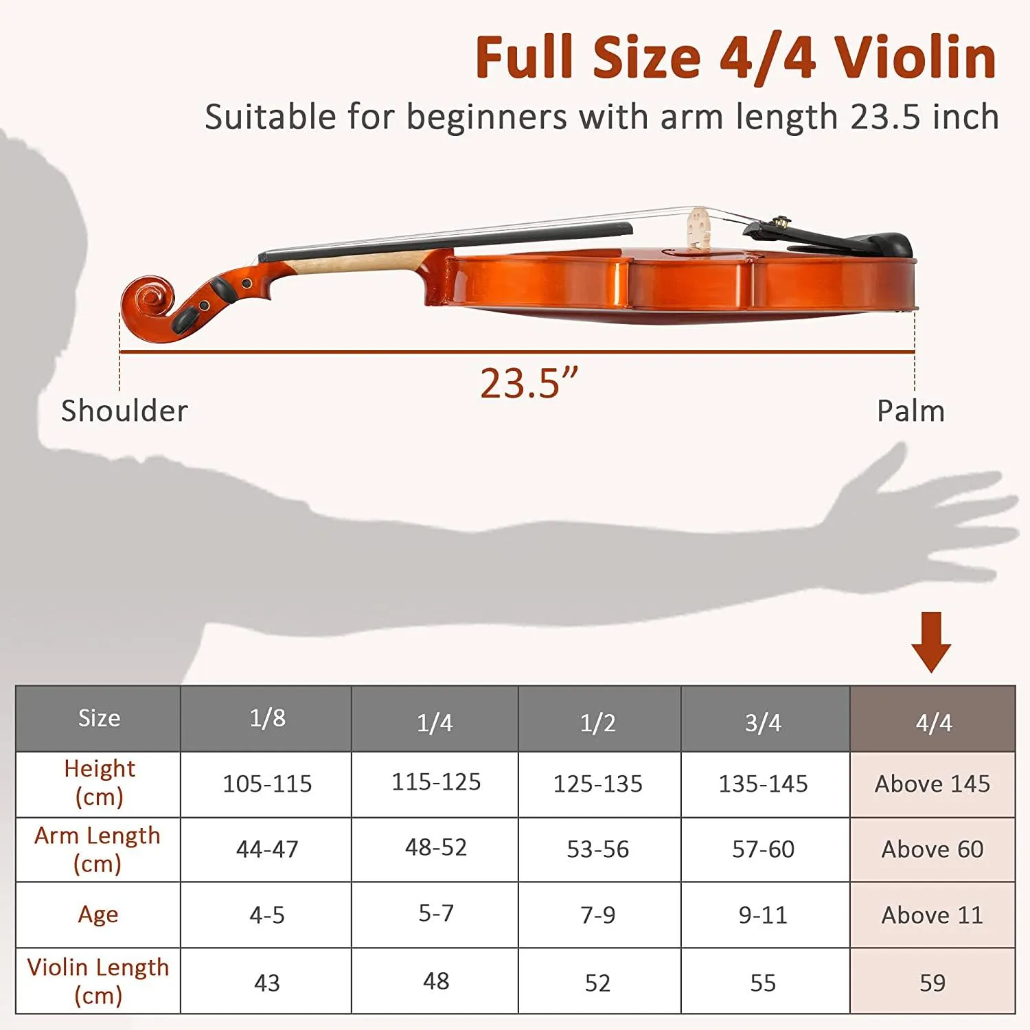 4/4 Full Size Violin Set Kids Premium Handcraft Violin with Case for Age 11 