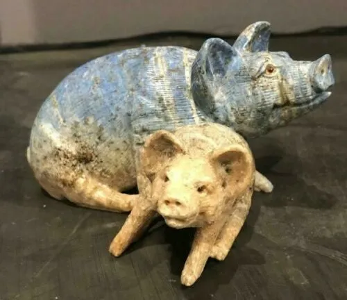 6.5''L- Vintage Chinese Natural Antique Exquisite Lapis Lazuli HandCarved Sculpture Mother Sow & Piglets with Glass Eyes- Signed/Tag