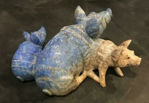 6.5''L- Vintage Chinese Natural Antique Exquisite Lapis Lazuli HandCarved Sculpture Mother Sow & Piglets with Glass Eyes- Signed/Tag