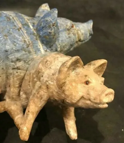 6.5''L- Vintage Chinese Natural Antique Exquisite Lapis Lazuli HandCarved Sculpture Mother Sow & Piglets with Glass Eyes- Signed/Tag