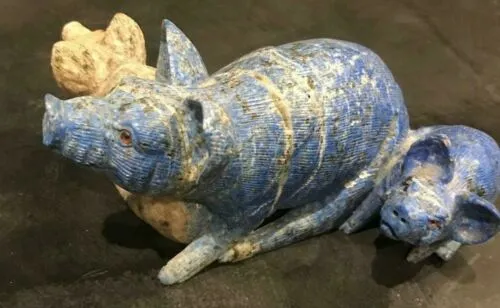6.5''L- Vintage Chinese Natural Antique Exquisite Lapis Lazuli HandCarved Sculpture Mother Sow & Piglets with Glass Eyes- Signed/Tag