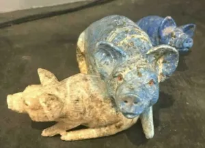 6.5''L- Vintage Chinese Natural Antique Exquisite Lapis Lazuli HandCarved Sculpture Mother Sow & Piglets with Glass Eyes- Signed/Tag