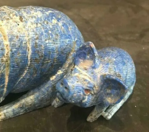 6.5''L- Vintage Chinese Natural Antique Exquisite Lapis Lazuli HandCarved Sculpture Mother Sow & Piglets with Glass Eyes- Signed/Tag