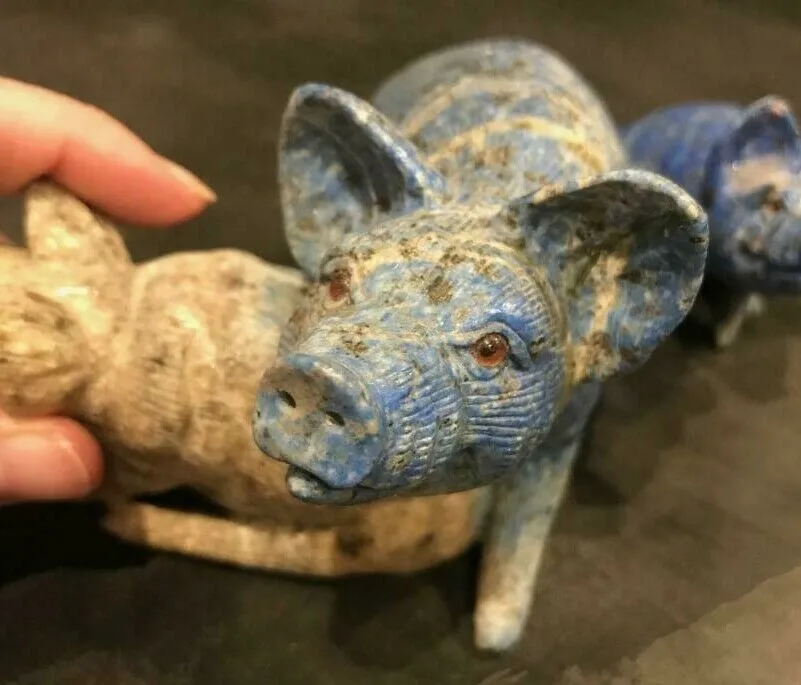 6.5''L- Vintage Chinese Natural Antique Exquisite Lapis Lazuli HandCarved Sculpture Mother Sow & Piglets with Glass Eyes- Signed/Tag