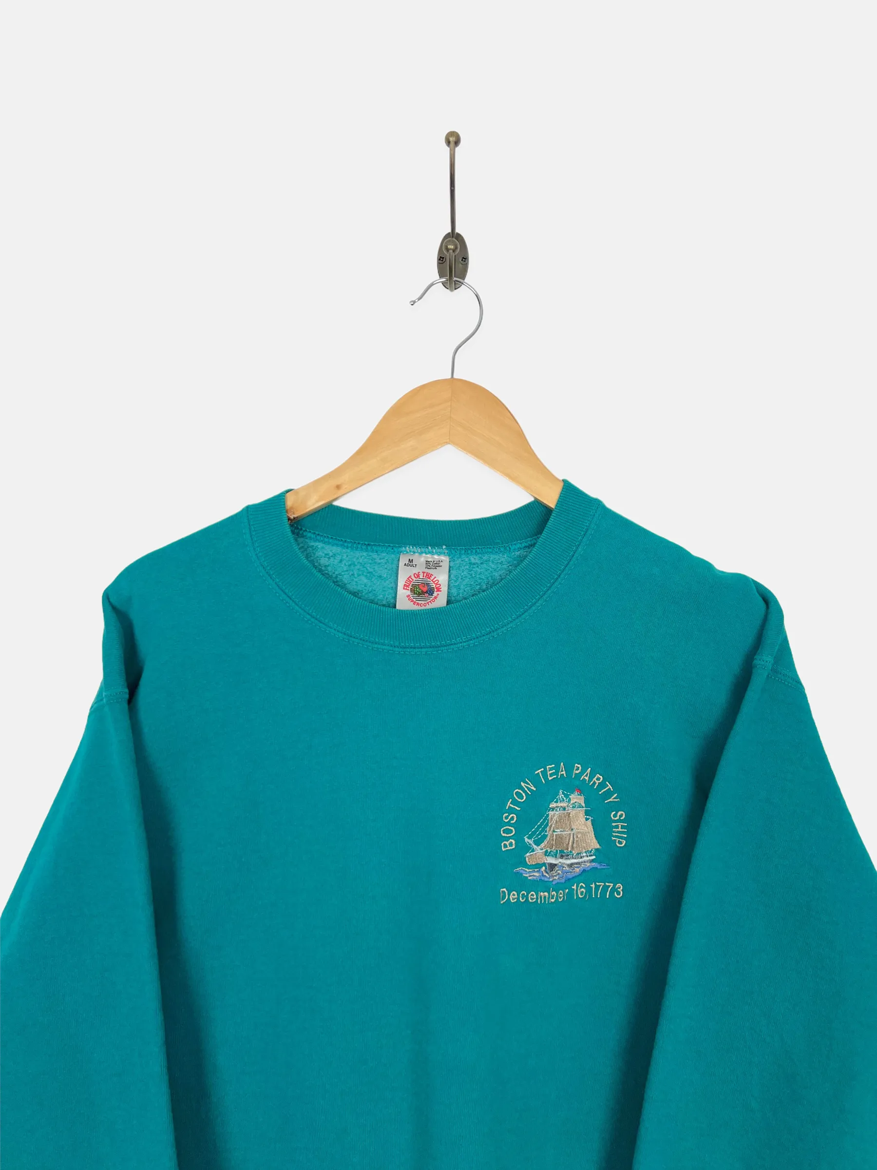 90's Boston Tea Party Ship USA Made Embroidered Vintage Sweatshirt Size 10