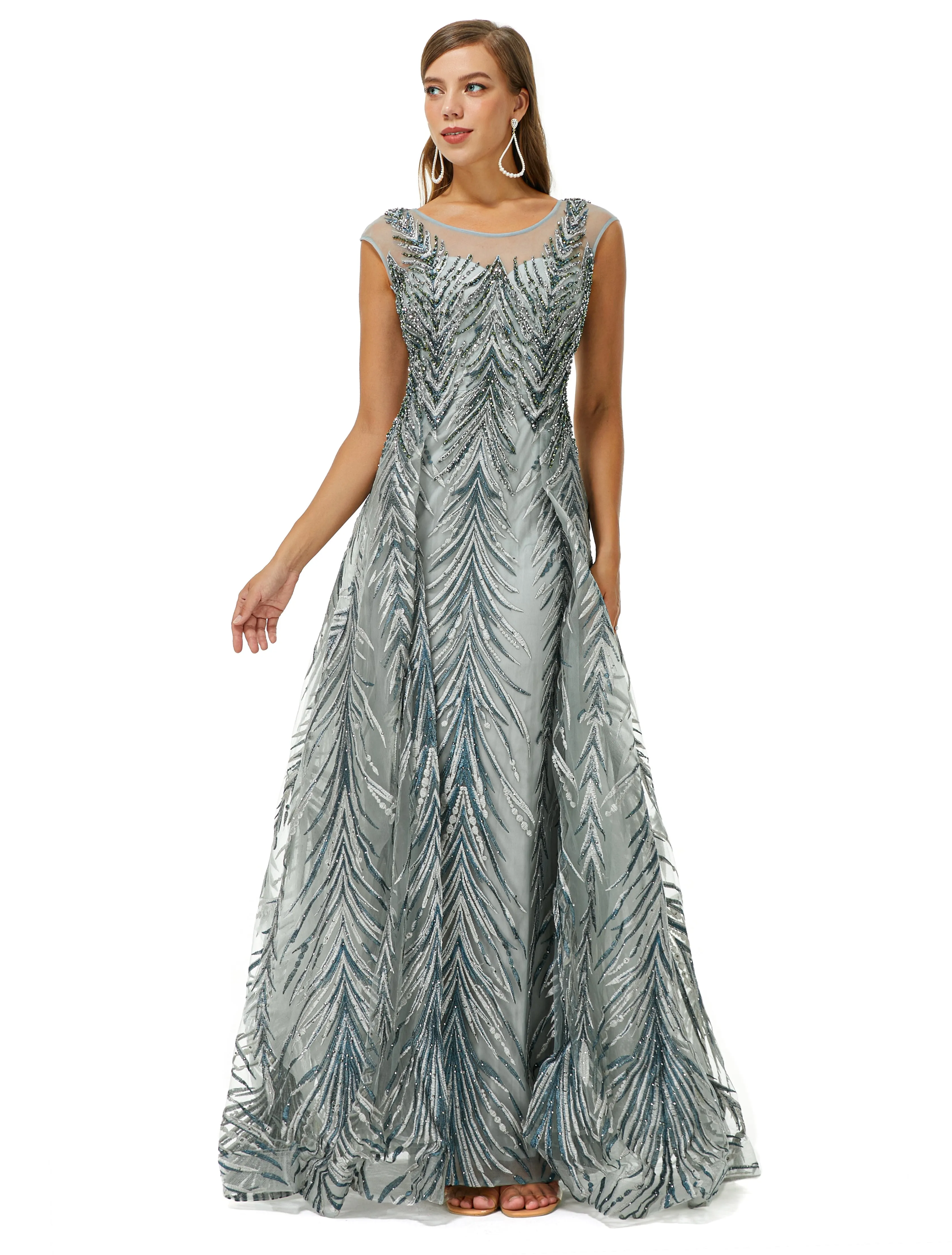 A-line Cap Sleeve Jewel Appliques Lace Floor-length Prom Dress