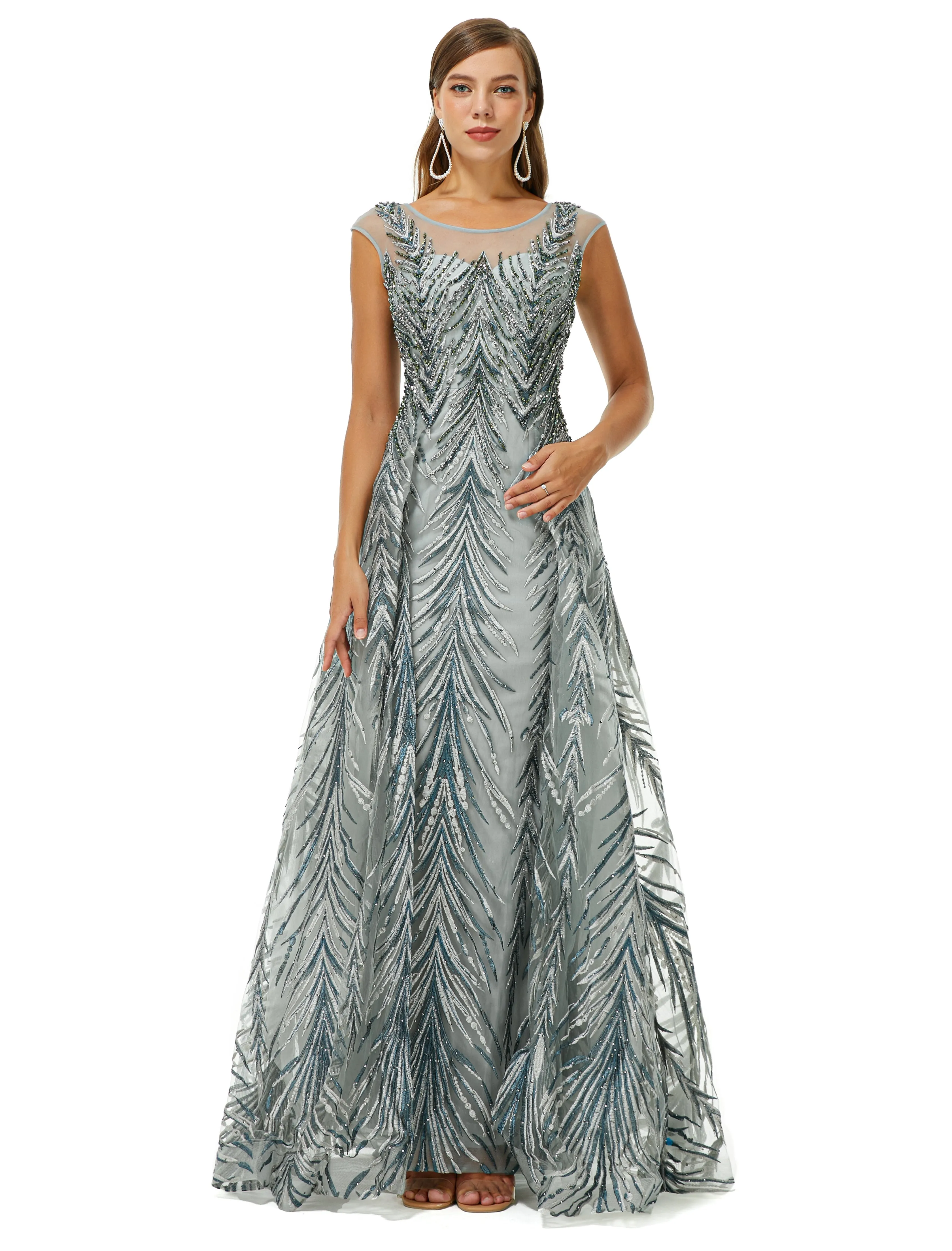 A-line Cap Sleeve Jewel Appliques Lace Floor-length Prom Dress