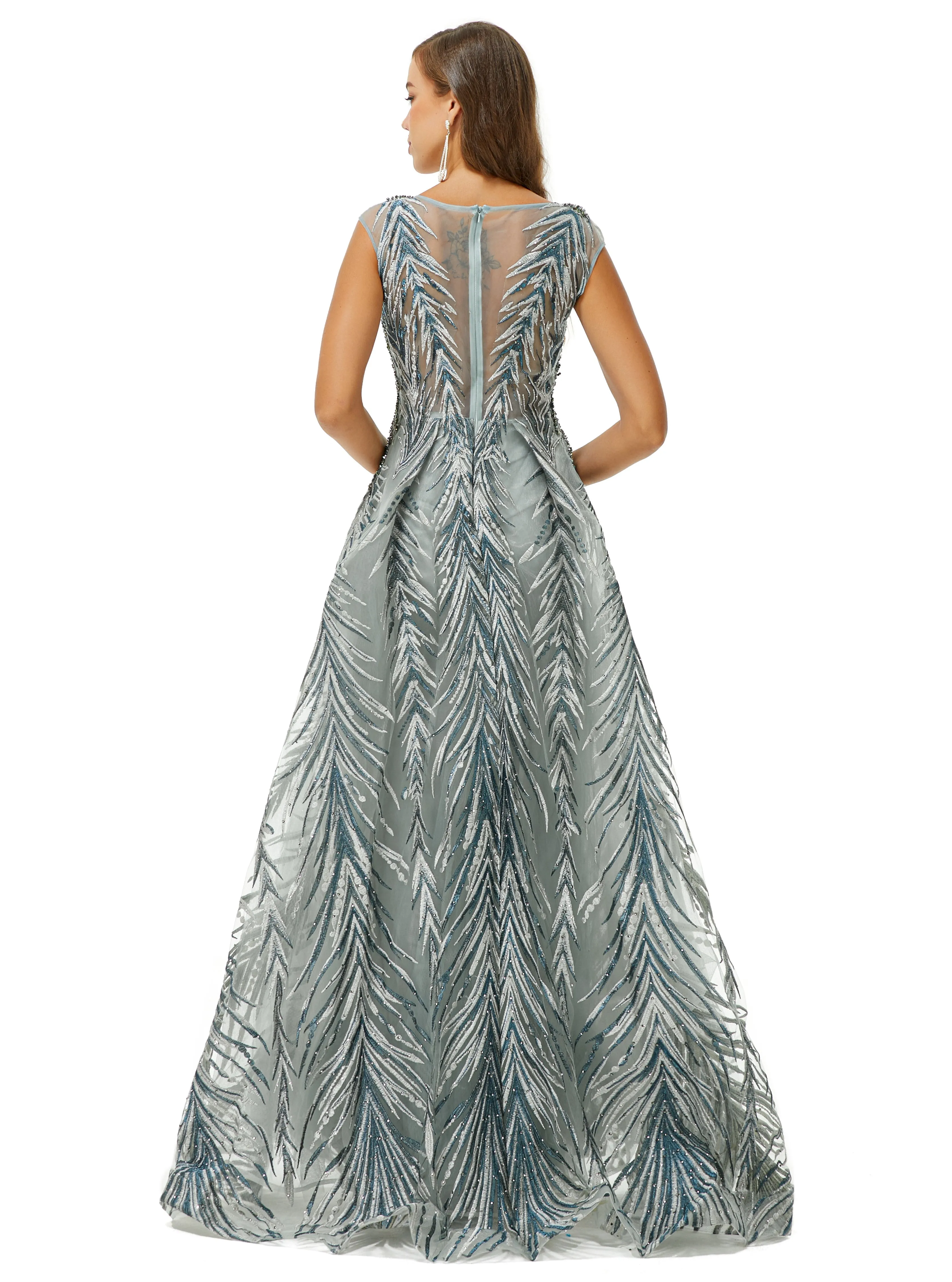 A-line Cap Sleeve Jewel Appliques Lace Floor-length Prom Dress
