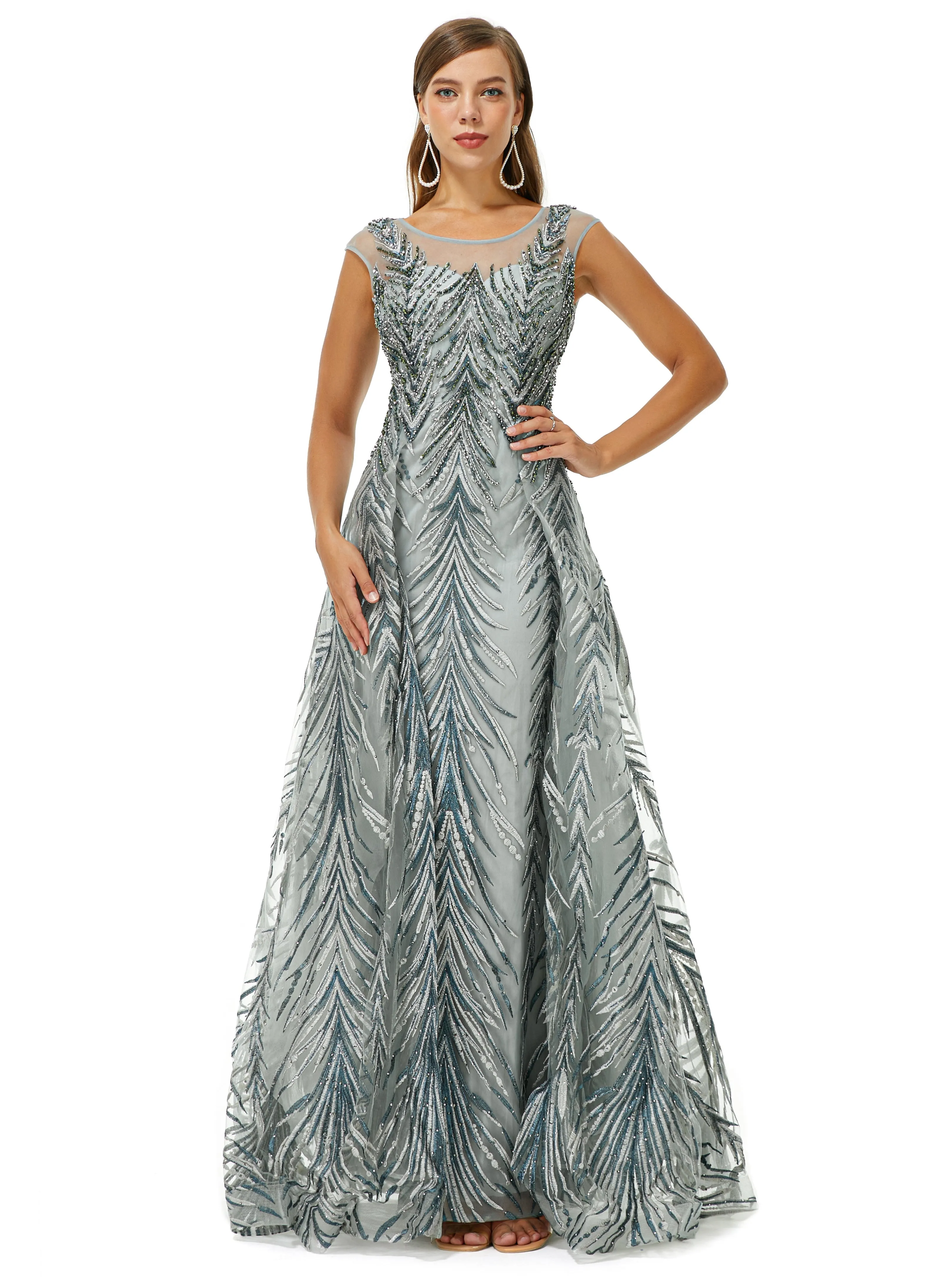 A-line Cap Sleeve Jewel Appliques Lace Floor-length Prom Dress