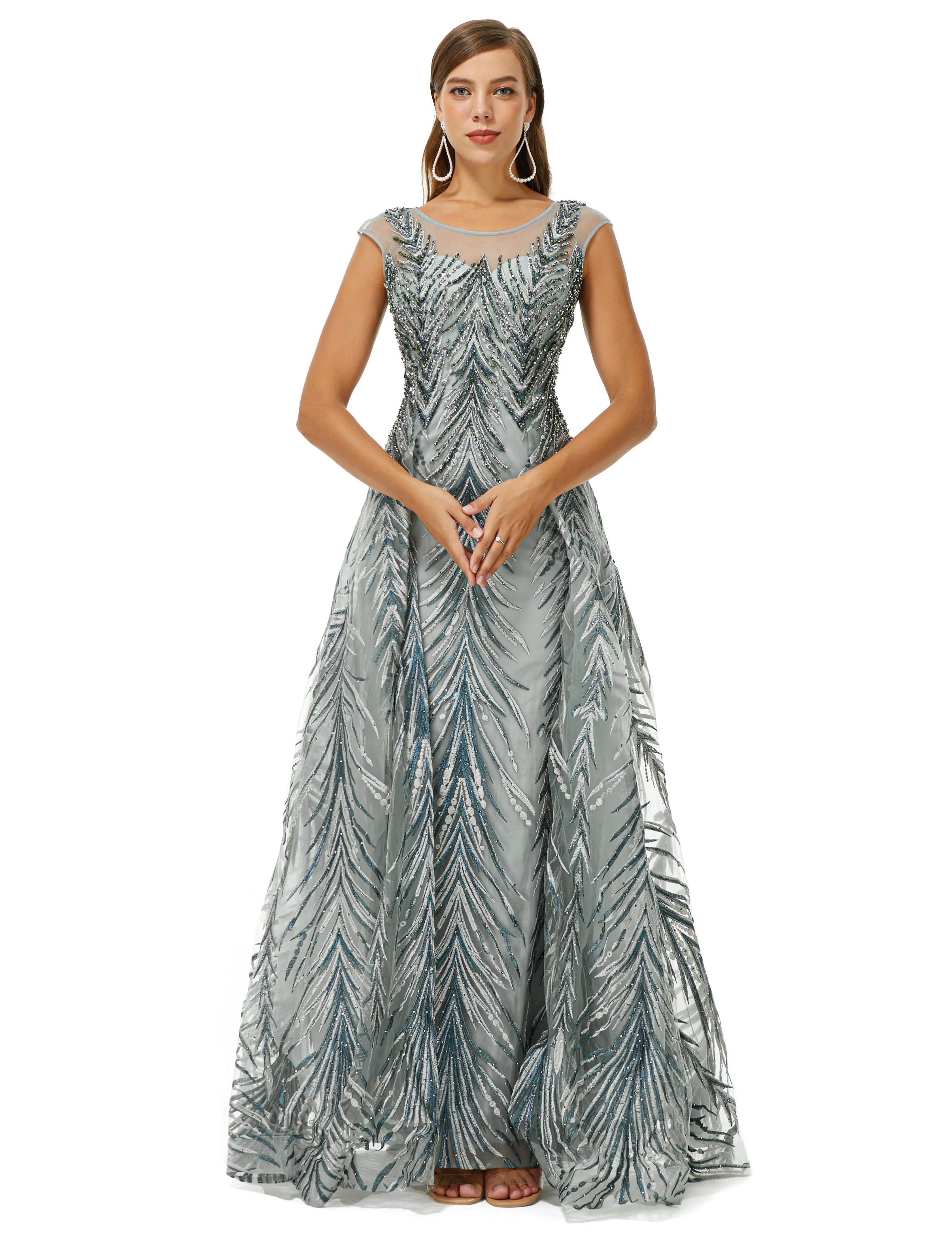 A-line Cap Sleeve Jewel Appliques Lace Floor-length Prom Dress