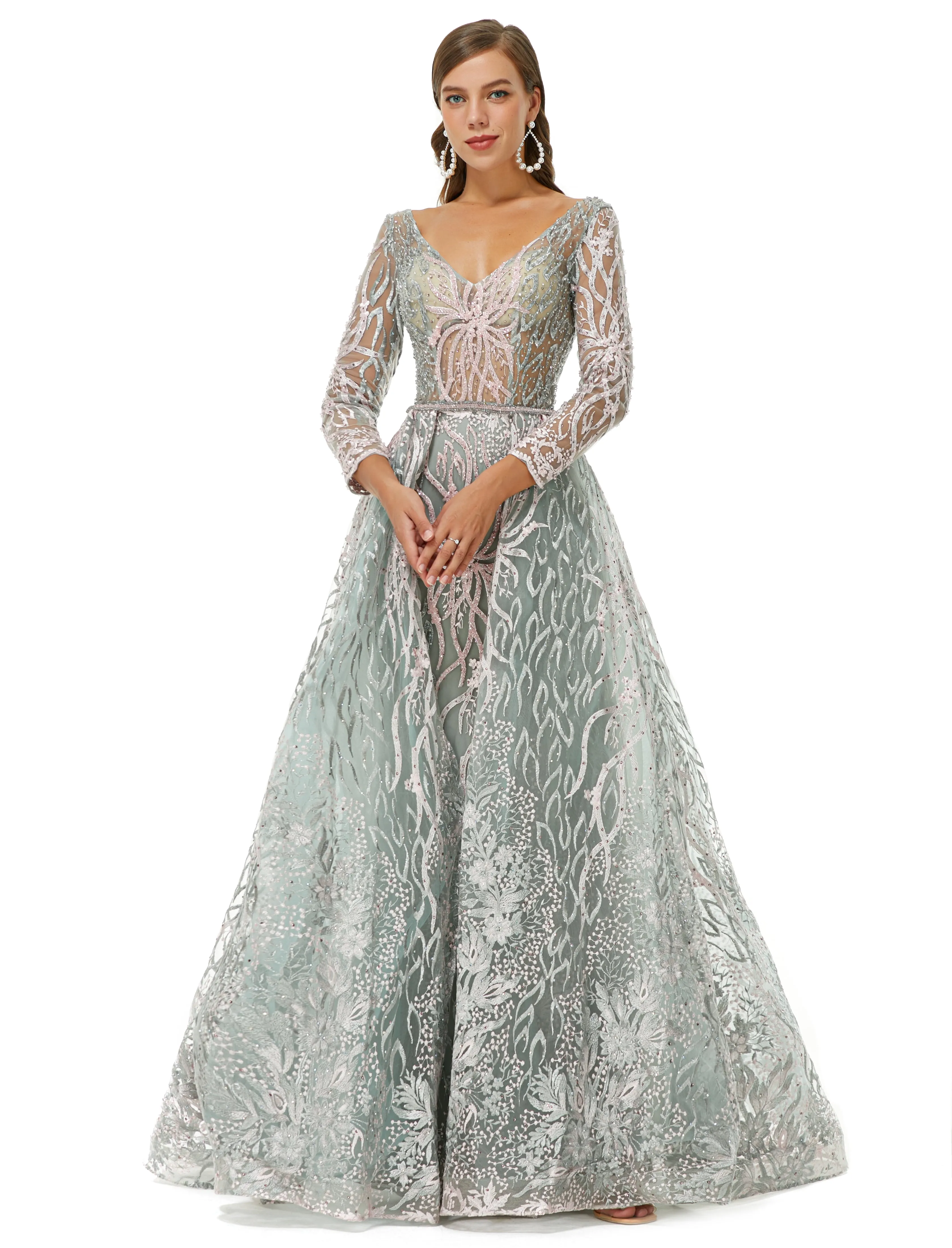 A-line V-neck Floor-length Long Sleeve Open Back Appliques Lace Prom Dress