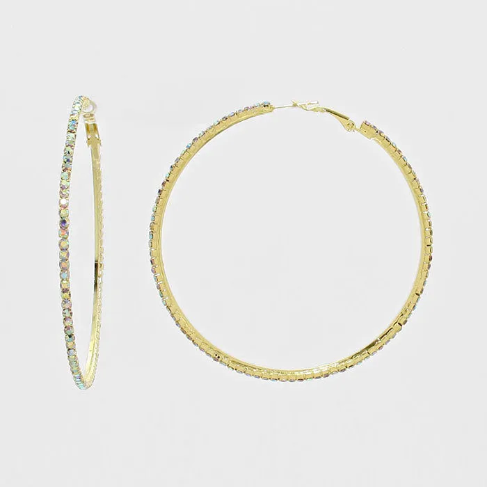 AB Rhinestone Hoop Earrings on Gold | 2.5" | 269221