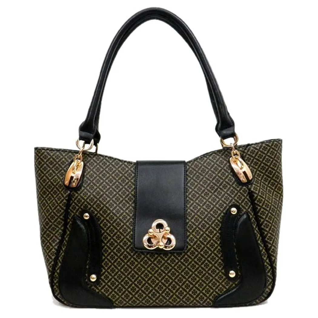 ALBA golden lock polka signature print satchel Bag Purse Black color block FM232