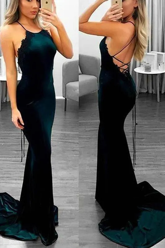 Alluring Elegant Lace Up Halter Applique Sleeveless Prom Dresses Chic Mermaid Popular Evening Dresses