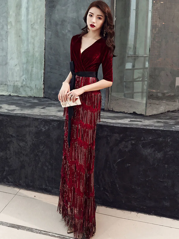 Amazing Evening Dress Sheath V Neck Velour Floor Length Sash Social Party Dresses