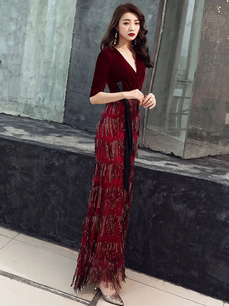 Amazing Evening Dress Sheath V Neck Velour Floor Length Sash Social Party Dresses