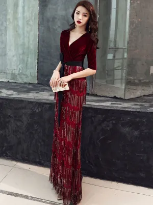 Amazing Evening Dress Sheath V Neck Velour Floor Length Sash Social Party Dresses