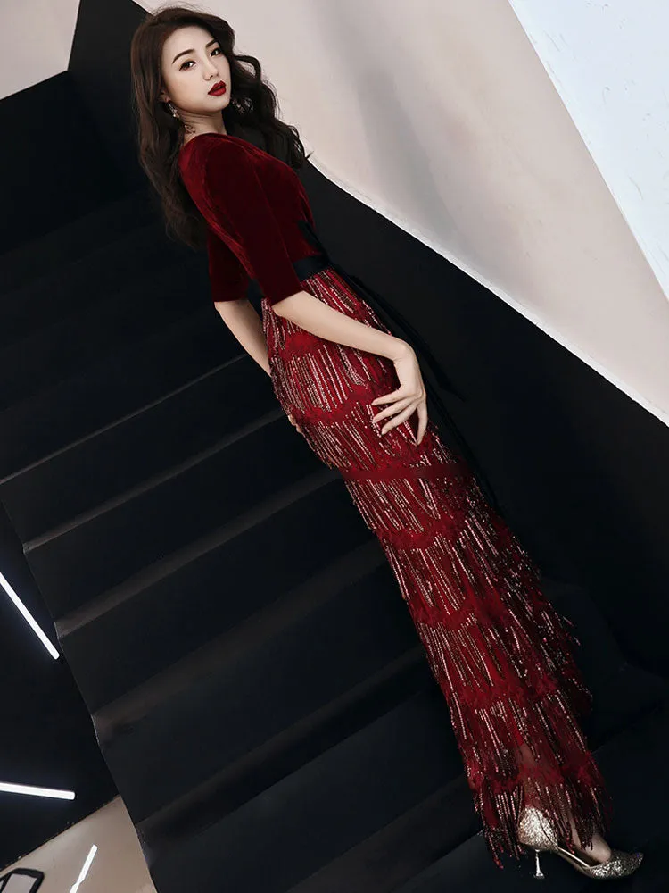 Amazing Evening Dress Sheath V Neck Velour Floor Length Sash Social Party Dresses