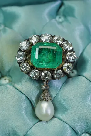 Antique Russian emerald and natural pearl brooch