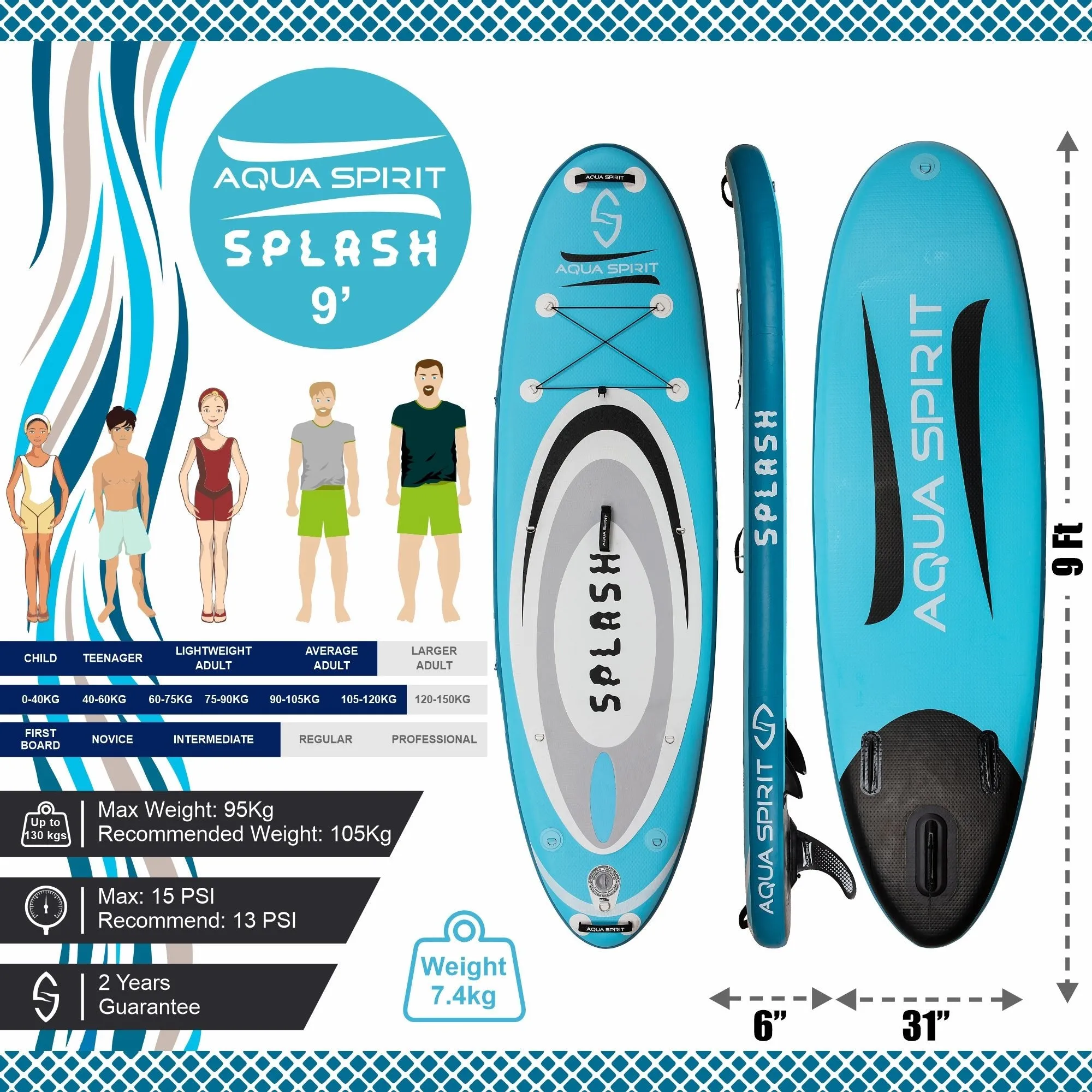 Aqua Spirit Splash Inflatable Stand Up SUP 9’x31”x6” Beginners Paddle Board For Kids/ Small Adults With Accessories, Paddle, Pump, Back Pack, Leash, Repair Kit, 2 Year Warranty