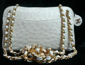 Authentic Chanel Bone Ostrich Skin Camera Handbag