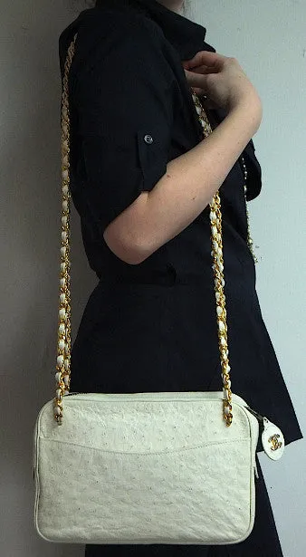 Authentic Chanel Bone Ostrich Skin Camera Handbag