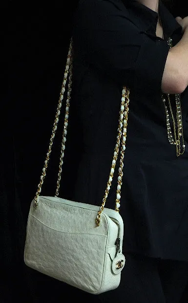 Authentic Chanel Bone Ostrich Skin Camera Handbag