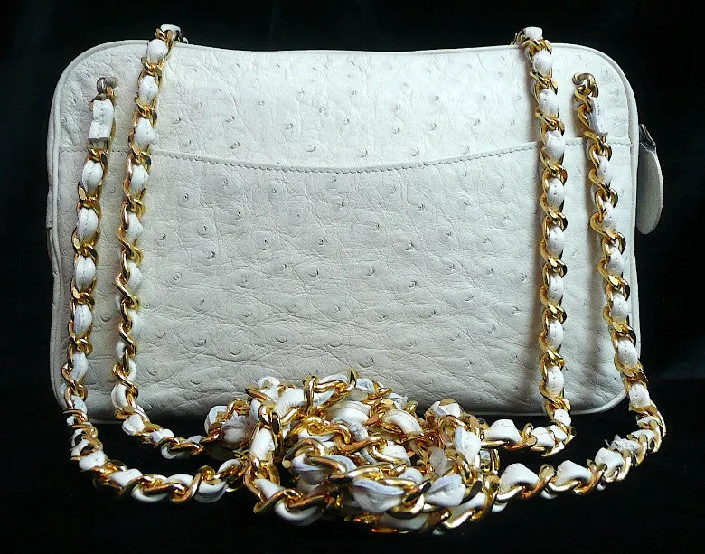 Authentic Chanel Bone Ostrich Skin Camera Handbag