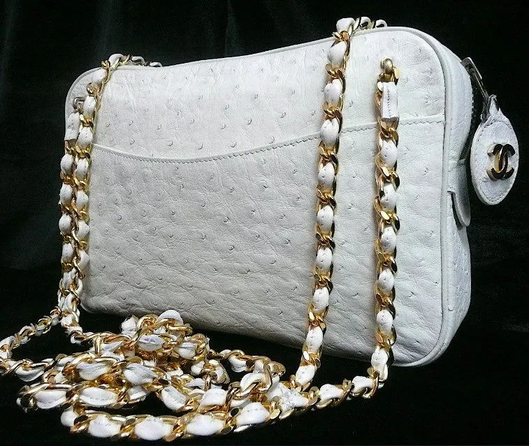 Authentic Chanel Bone Ostrich Skin Camera Handbag