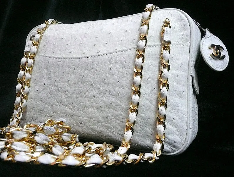 Authentic Chanel Bone Ostrich Skin Camera Handbag