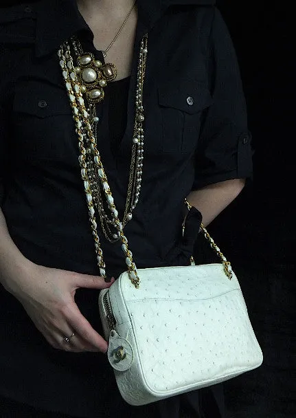 Authentic Chanel Bone Ostrich Skin Camera Handbag