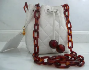 Authentic Chanel White Quilted Tortoise Hardware Drawstring Handbag