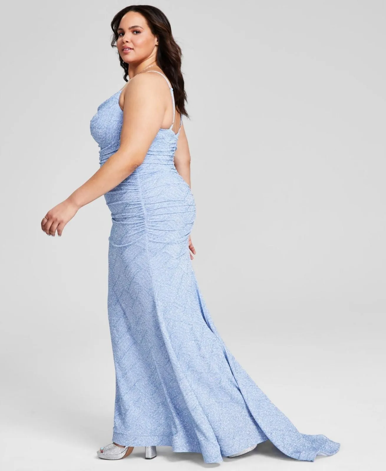 B Darlin Womens Trendy Plus Size Glitter-Knit Prom Dress Gown Light Blue 14W
