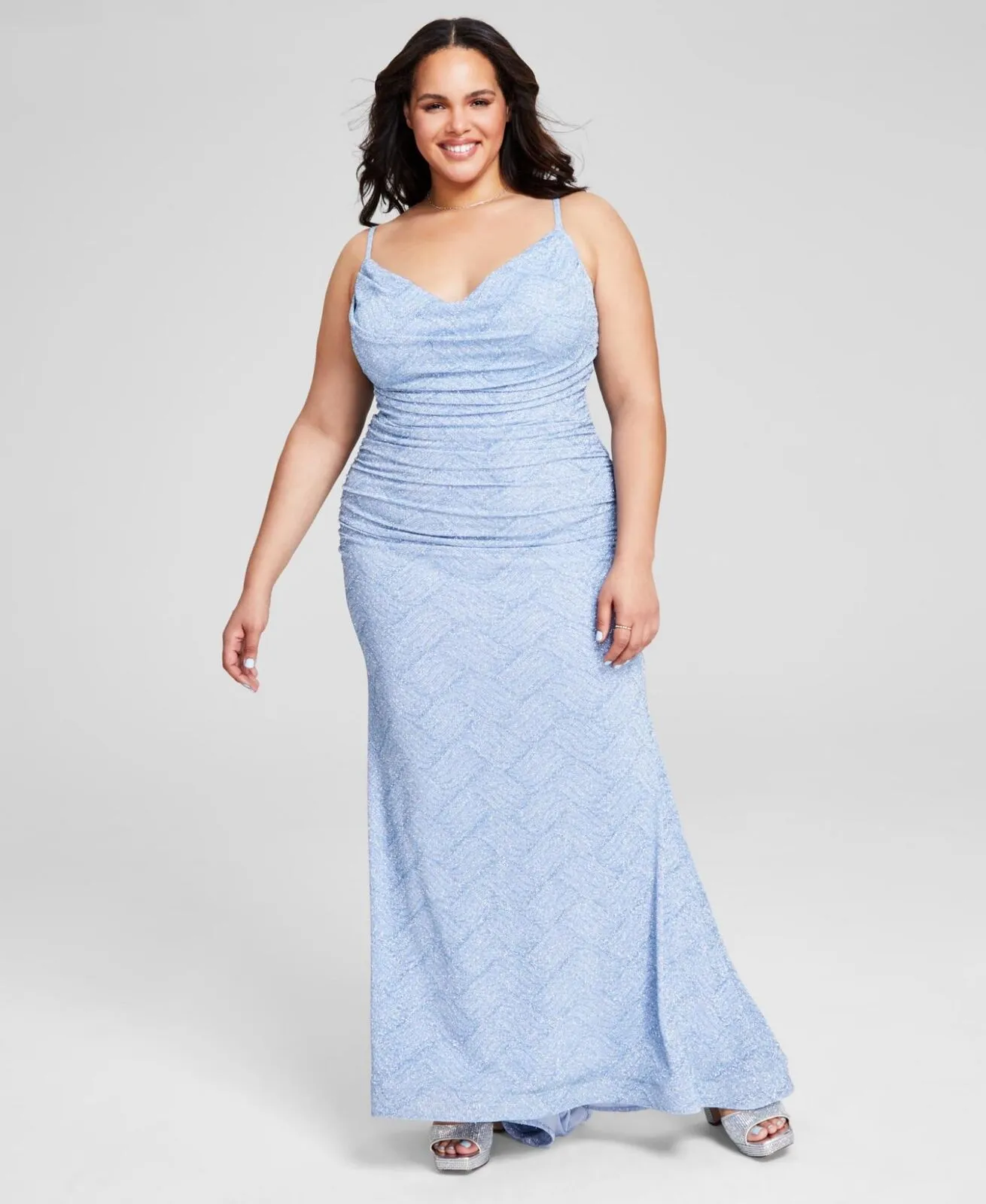 B Darlin Womens Trendy Plus Size Glitter-Knit Prom Dress Gown Light Blue 14W