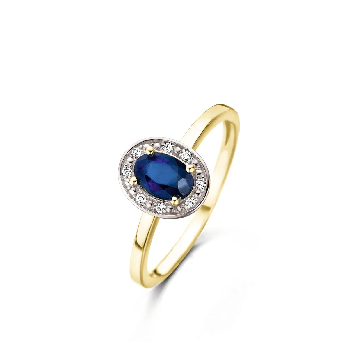 Bague entourage - Or Jaune et Blanc, Saphir Bleu et Diamants (054004SA)